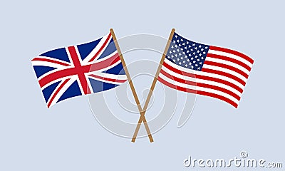 UK and US crossed flags on stick. American and British national symbol. Vector illustration Vector Illustration
